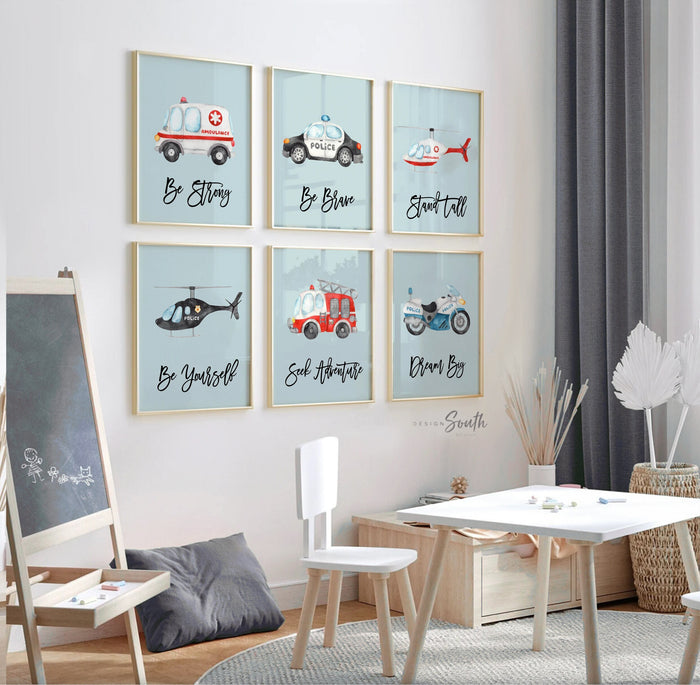 Emergency vehicle print, boy room decor helicopter, fire truck nursery decor, ambulance poster, police car wall art, transportation wall art