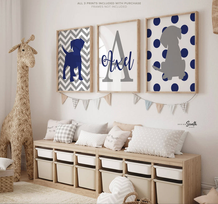 Navy blue and gray puppy dog nursery decor, baby boy puppy decor, puppy dog nursery art for boys, navy blue and gray, custom boys art puppy