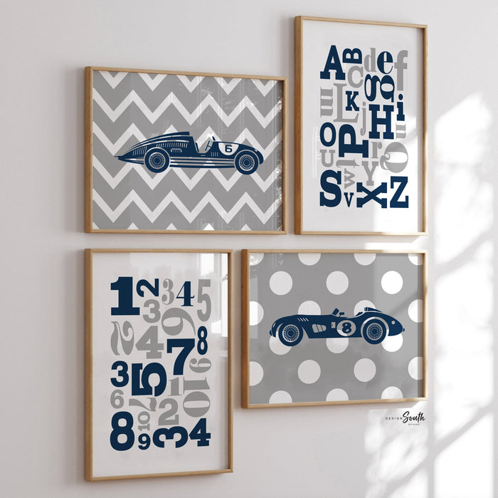 Vintage Race Car Nursery Decor — Navy & Gray Racing Set of 4