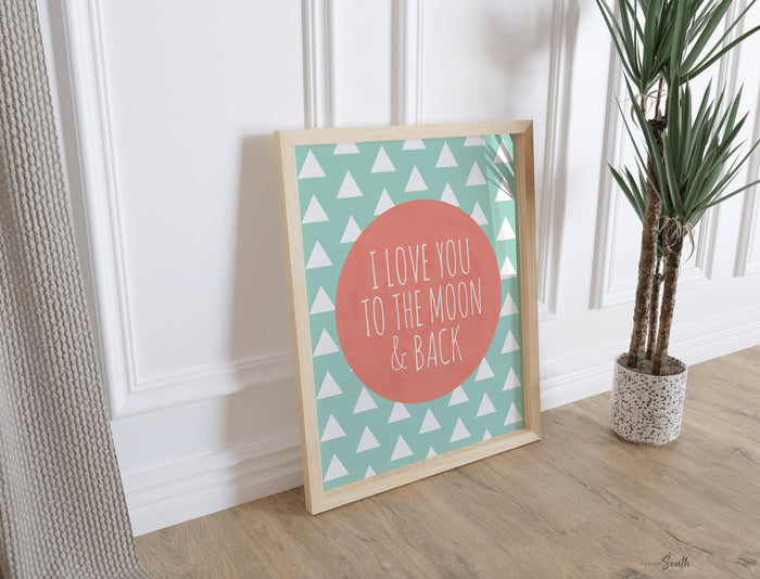 Girls nursery decor, i love you to the moon and back, mint and coral, boys nursery decor, nursery prints, quote for girls nursery, decor