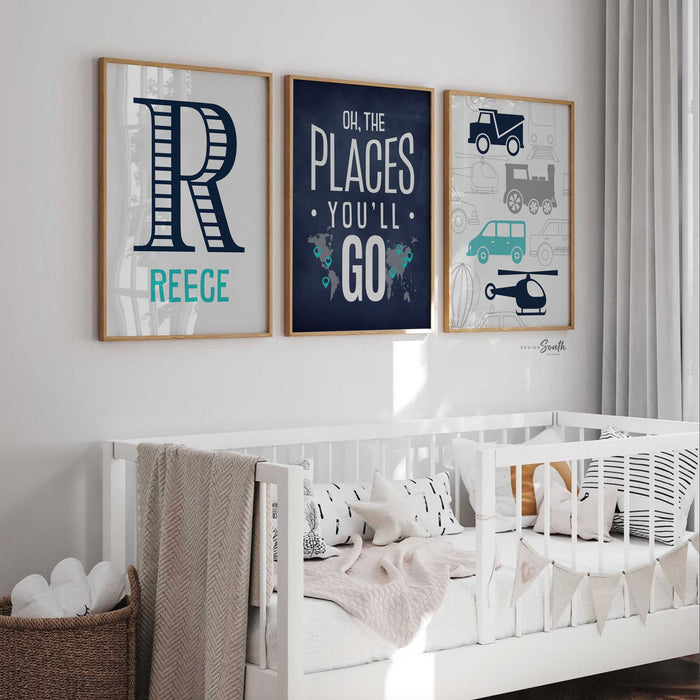Transportation theme for boys nursery or bedroom, personalized name print for boys, oh the places you'll go, cars, turquoise and navy prints