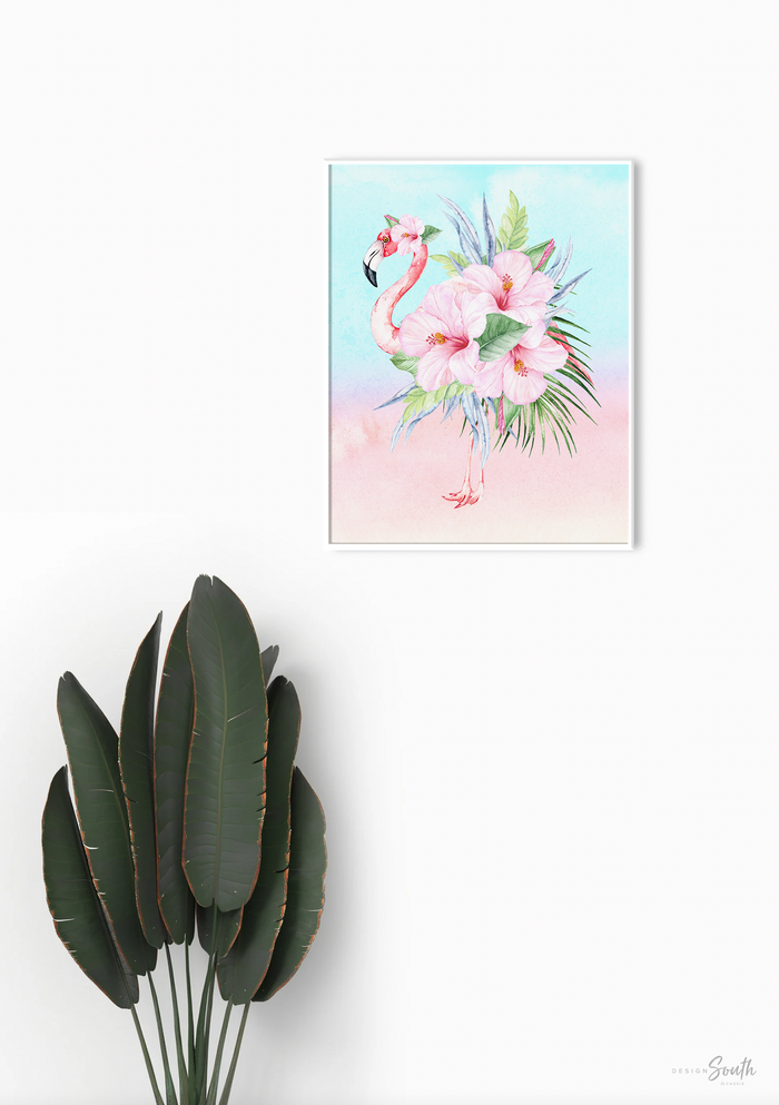 Tropical flamingo palm wall art, flamingo picture palm green tropical plant prints, baby nursery palm tropical, artwork above crib tropical