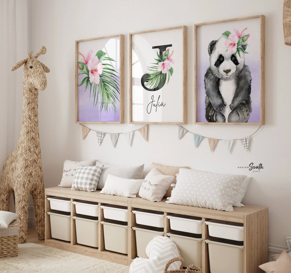 Palm panda bear baby girl wall art, tropical palm baby monogram, girls nursery print, baby name wall art, pink and purple name nursery decor