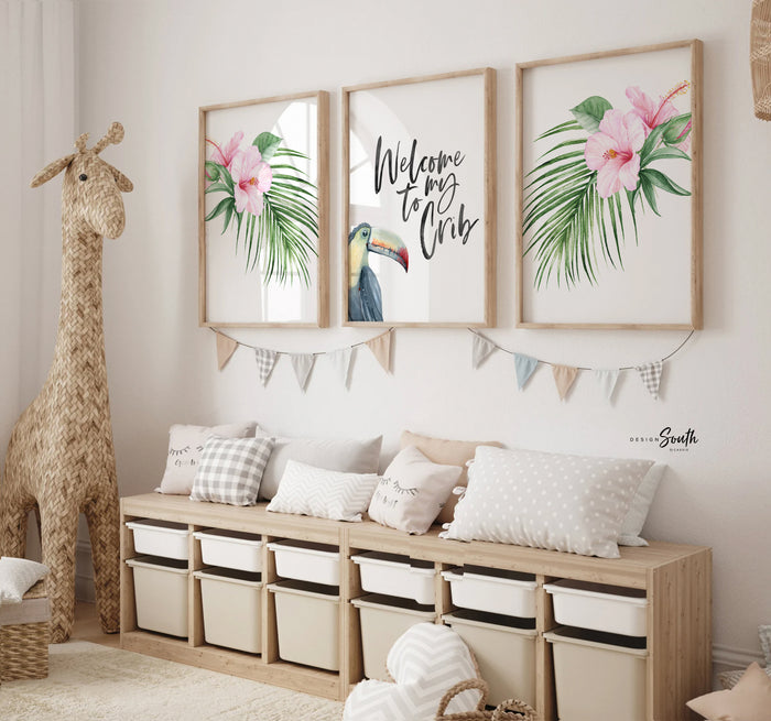 Hibiscus flowers toucan art, pink green tropical nursery ideas, welcome to my crib baby girl room art prints, tropical leaf hibiscus flowers