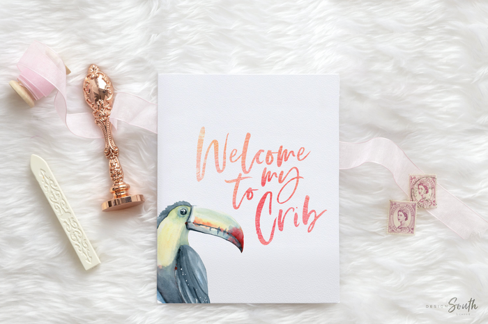 Tropical baby girl room, quote for little girls, tropical pink flamingo gallery wall, toucan welcome to my crib, pink and green nursery palm