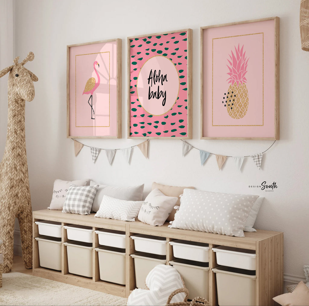 Aloha baby, pink and gold flamingo nursery, pink flamingo nursery, girls tropical name art, pink and gold room decor, baby girl flamingo art