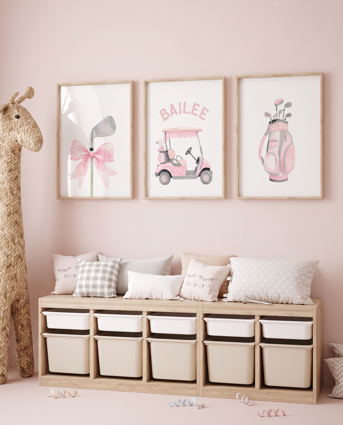 Soft Pastel Golf Girl Prints – Set of 3 Personalized Watercolor Golf Cart & Club Designs – Chic Pink Nursery Wall Art