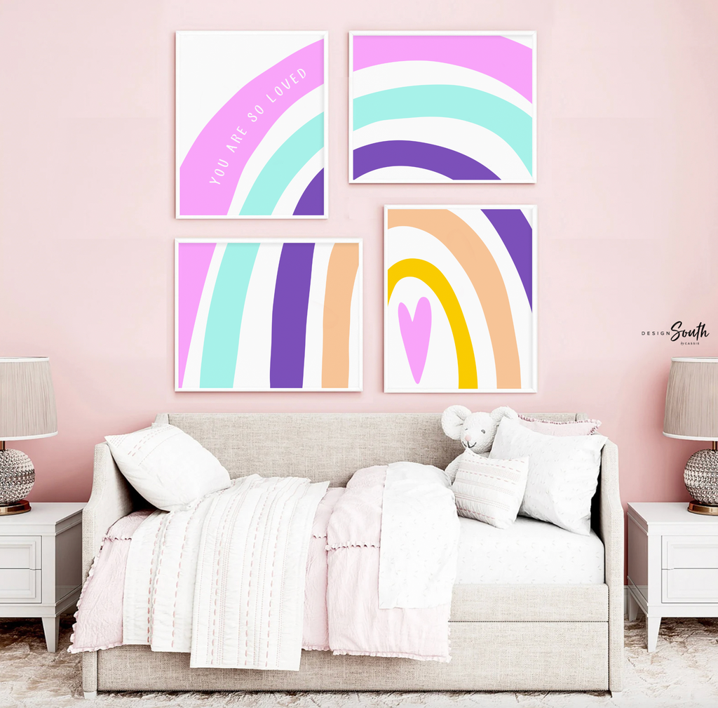 Bright modern girl rainbow, little girl bedroom or playroom wall idea, bright pink and purple toddler wall art, pink purple aqua rainbow art