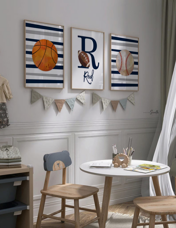 Blue sports art, sports wall prints customized kids name, nursery decor sports theme, set of three above crib sports, boy bedroom sports art