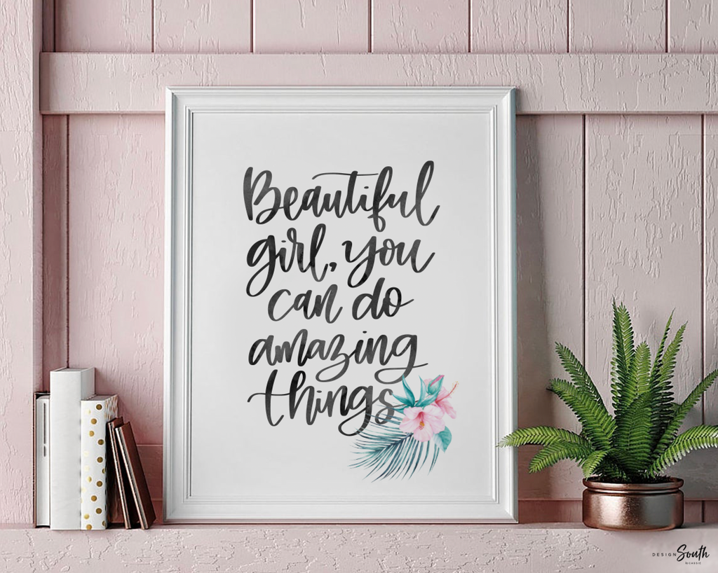 Pink tropical nursery art, baby girl bedroom wall art prints tropical theme decor, baby girl nursery decor safari animals, girl's quote art