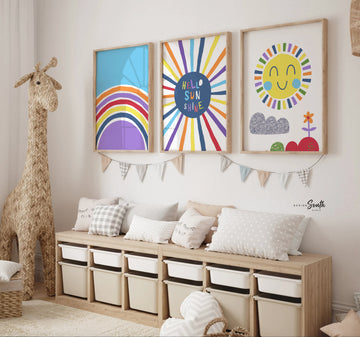 Sunshine nursery wall art, hello sunshine sun rays clouds, rainbow primary colors, girl boy playroom room wall art, unisex themes room idea