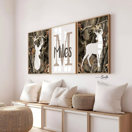 Camo nursery, personalized name art, hunting nursery decor, boys bedroom camo, baby boy deer hunter theme wall art, camoflauge baby boy art
