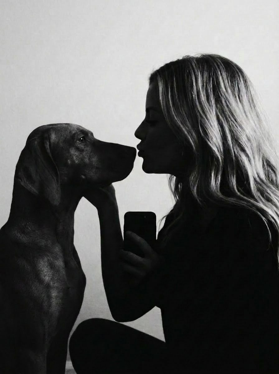 Cassie Rinehart, founder of Design South, sharing a quiet moment with her bird dog Remley in a black-and-white portrait.