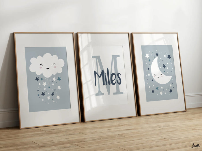 Baby boy nursery wall art, personalized boys name, baby blue and gray, moon & stars, nursery art for boy, idea for nursery, neutral boys art