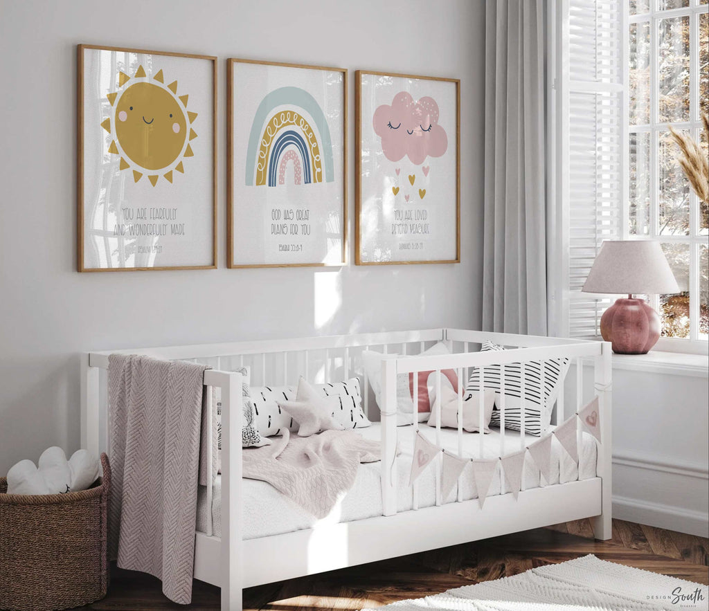 Christian nursery wall decor featuring inspirational Bible verse wall art, perfect for a baby’s nursery, child’s bedroom, or church nursery. These faith-based prints bring a spiritual and comforting presence to the space, offering uplifting scripture in a soft, kid-friendly design. Ideal for creating a peaceful, meaningful atmosphere rooted in Christian values, this wall art complements any religious-themed nursery or bedroom decor.









