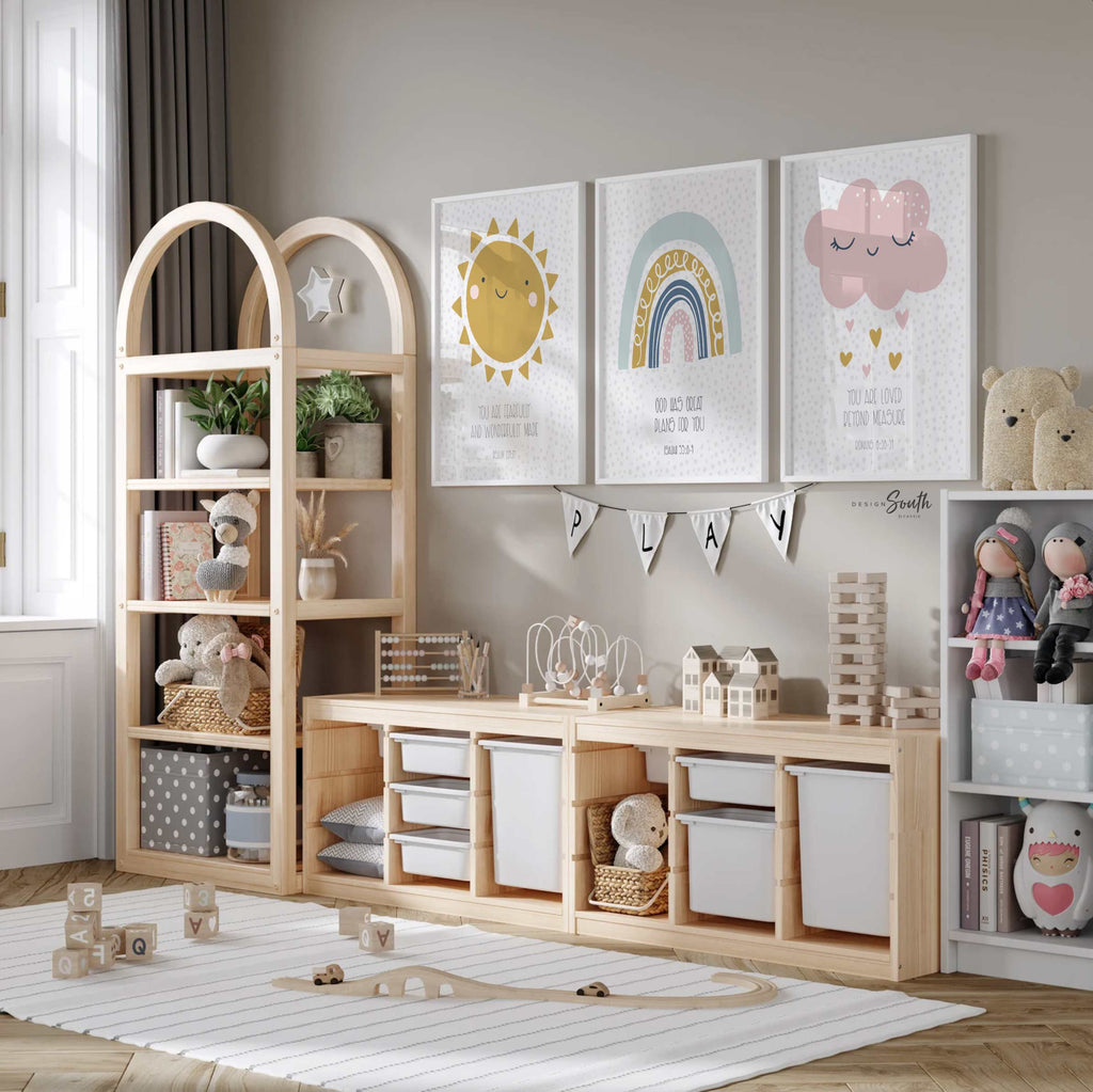 Christian nursery wall decor featuring inspirational Bible verse wall art, perfect for a baby’s nursery, child’s bedroom, or church nursery. These faith-based prints bring a spiritual and comforting presence to the space, offering uplifting scripture in a soft, kid-friendly design. Ideal for creating a peaceful, meaningful atmosphere rooted in Christian values, this wall art complements any religious-themed nursery or bedroom decor.









