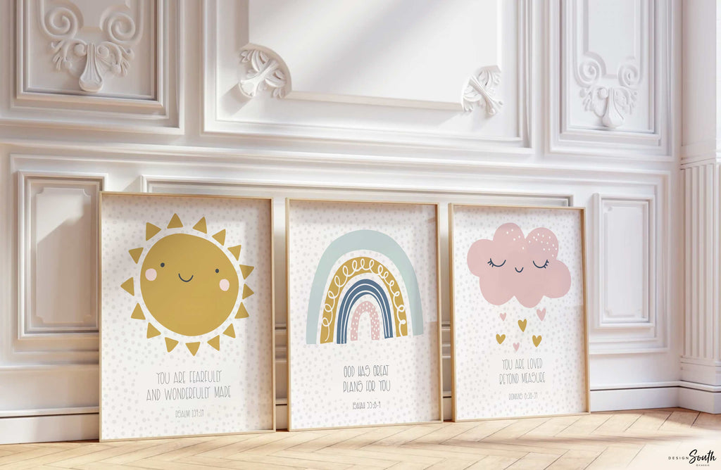 Christian nursery wall decor featuring inspirational Bible verse wall art, perfect for a baby’s nursery, child’s bedroom, or church nursery. These faith-based prints bring a spiritual and comforting presence to the space, offering uplifting scripture in a soft, kid-friendly design. Ideal for creating a peaceful, meaningful atmosphere rooted in Christian values, this wall art complements any religious-themed nursery or bedroom decor.








