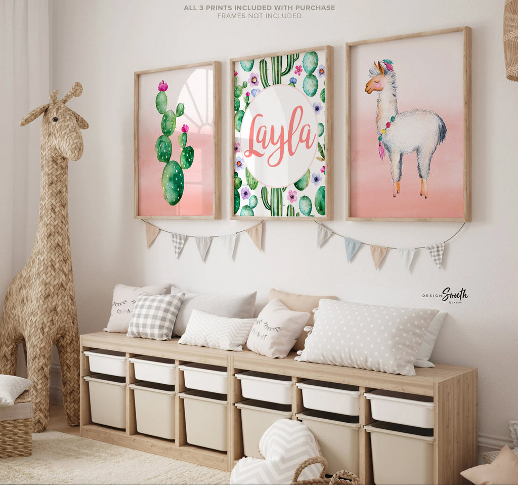 Coral nursery, llama print, boho baby room, ombre baby watercolor art, baby girl gift, personalized girl name art, shower gift, alpaca llama
