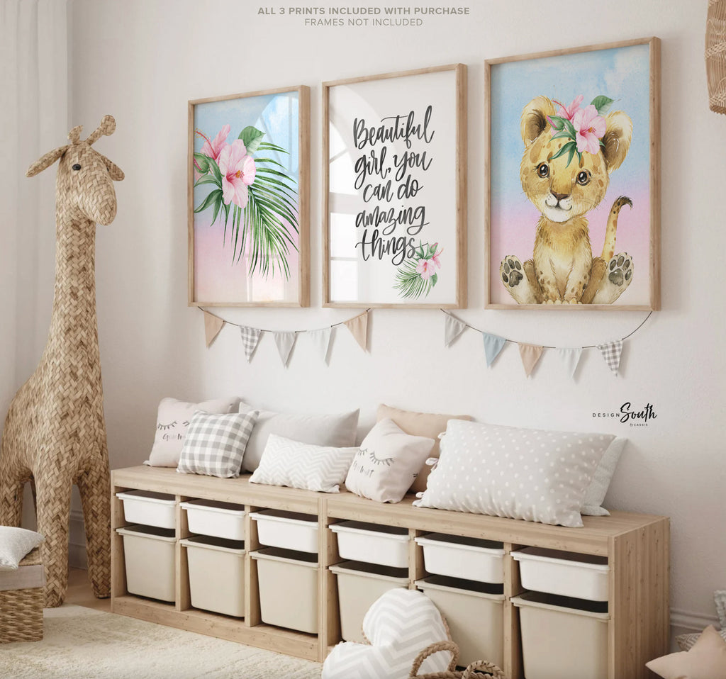Pink tropical nursery art, baby girl bedroom wall art prints tropical theme decor, baby girl nursery decor safari animals, girl's quote art