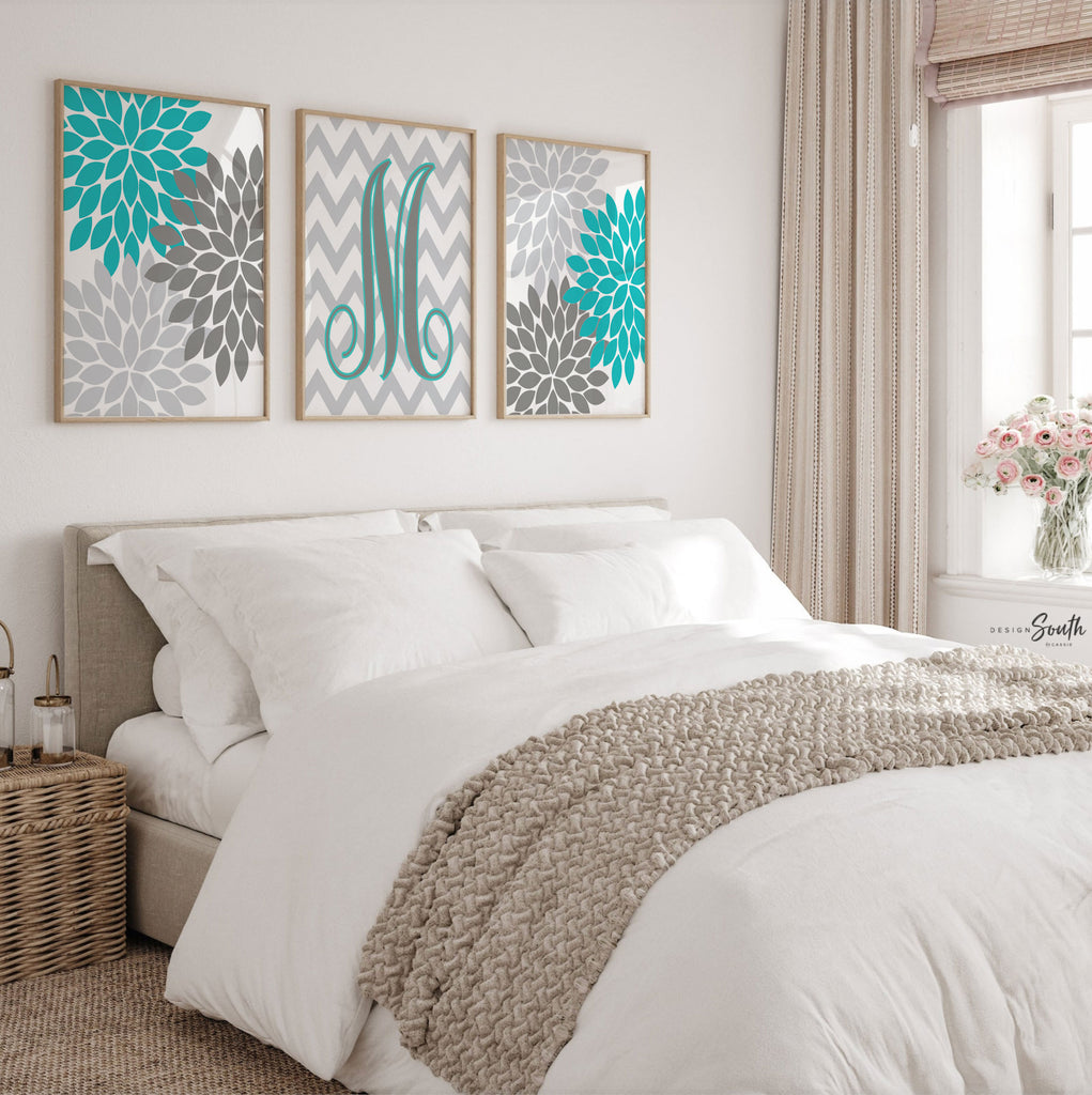 Girls bedroom wall art in turquoise and gray tones, perfect for a baby girl nursery or young girl's room. Features a modern turquoise monogram design, blending seamlessly with turquoise and gray room décor. Ideal for adding a personalized and stylish touch to a girl's bedroom. This turquoise-themed artwork complements contemporary and playful room styles, offering a vibrant, feminine accent to nursery walls or growing girl's space.