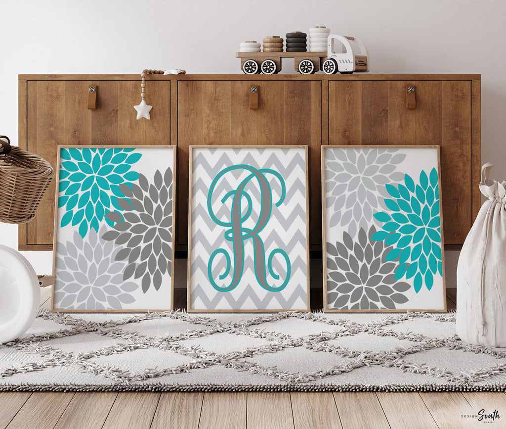 Girls bedroom wall art in turquoise and gray tones, perfect for a baby girl nursery or young girl's room. Features a modern turquoise monogram design, blending seamlessly with turquoise and gray room décor. Ideal for adding a personalized and stylish touch to a girl's bedroom. This turquoise-themed artwork complements contemporary and playful room styles, offering a vibrant, feminine accent to nursery walls or growing girl's space.