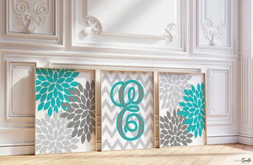Girls bedroom wall art in turquoise and gray tones, perfect for a baby girl nursery or young girl's room. Features a modern turquoise monogram design, blending seamlessly with turquoise and gray room décor. Ideal for adding a personalized and stylish touch to a girl's bedroom. This turquoise-themed artwork complements contemporary and playful room styles, offering a vibrant, feminine accent to nursery walls or growing girl's space.