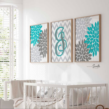 Girls bedroom wall art in turquoise and gray tones, perfect for a baby girl nursery or young girl's room. Features a modern turquoise monogram design, blending seamlessly with turquoise and gray room décor. Ideal for adding a personalized and stylish touch to a girl's bedroom. This turquoise-themed artwork complements contemporary and playful room styles, offering a vibrant, feminine accent to nursery walls or growing girl's space.