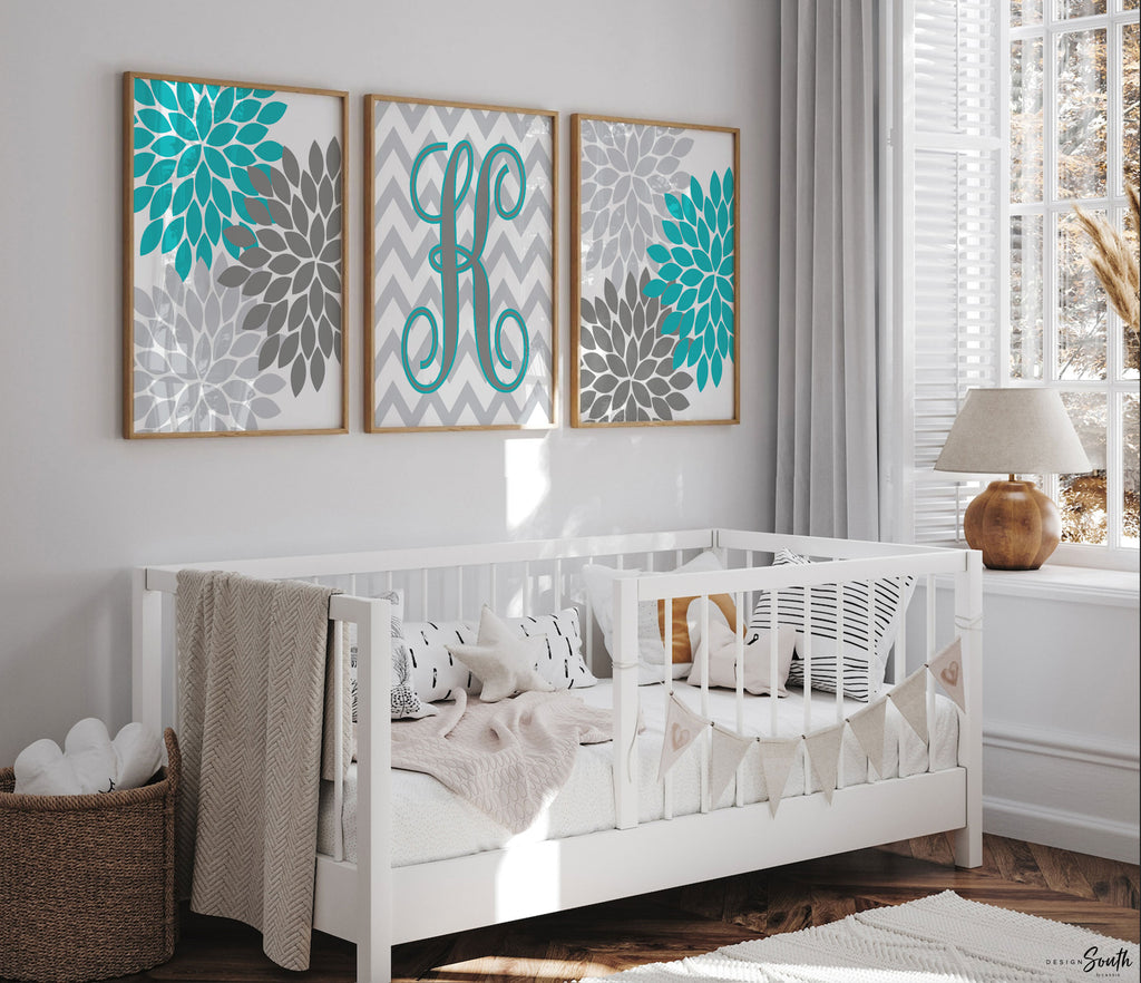 Girls bedroom wall art in turquoise and gray tones, perfect for a baby girl nursery or young girl's room. Features a modern turquoise monogram design, blending seamlessly with turquoise and gray room décor. Ideal for adding a personalized and stylish touch to a girl's bedroom. This turquoise-themed artwork complements contemporary and playful room styles, offering a vibrant, feminine accent to nursery walls or growing girl's space.