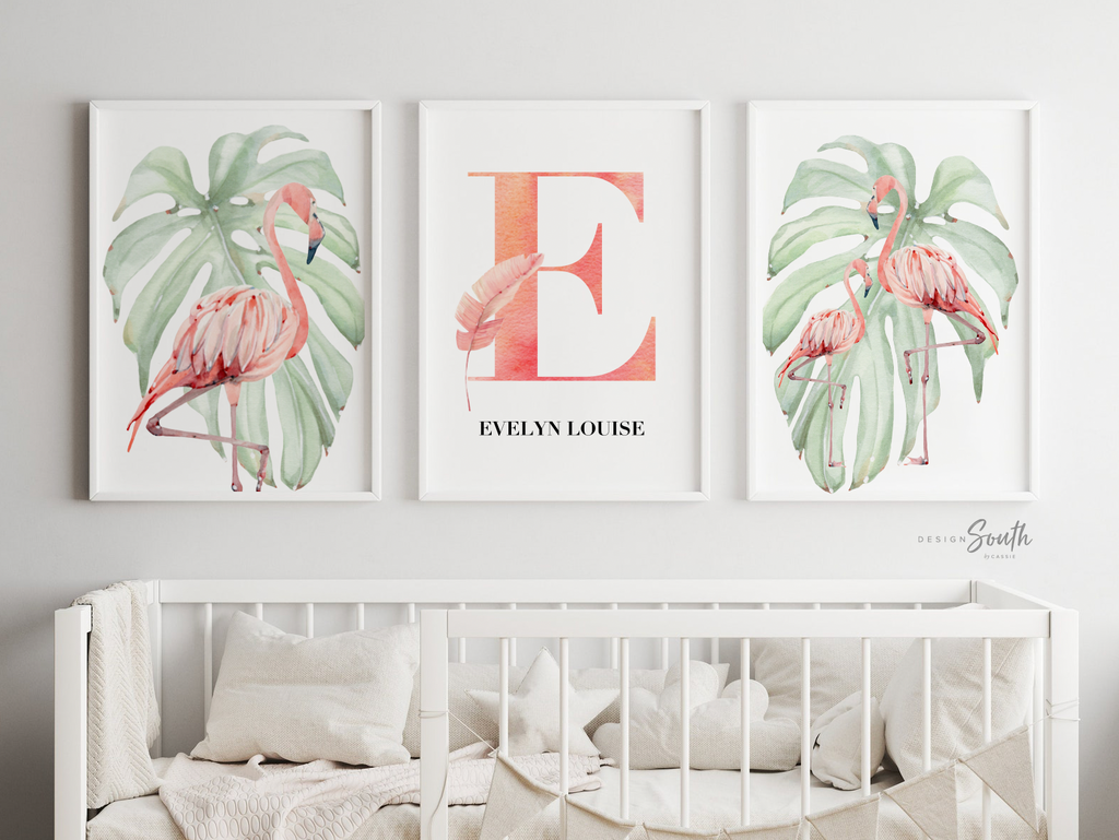 Tropical flamingo nursery, pink green nursery tropical baby, monstera leaf tropical theme baby, trendy nursery wall art decor baby girl gift