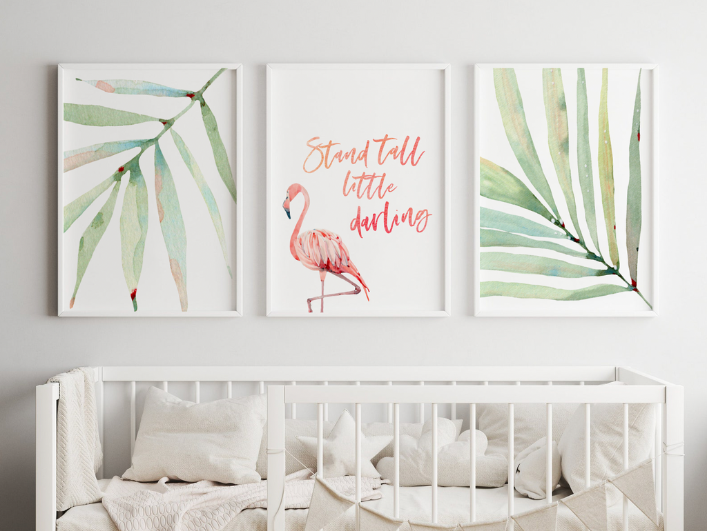 Stand tall little darling, tropical palm flamingo nursery, above crib tropical theme, flamingo art, newborn flamingo nursery pink and green