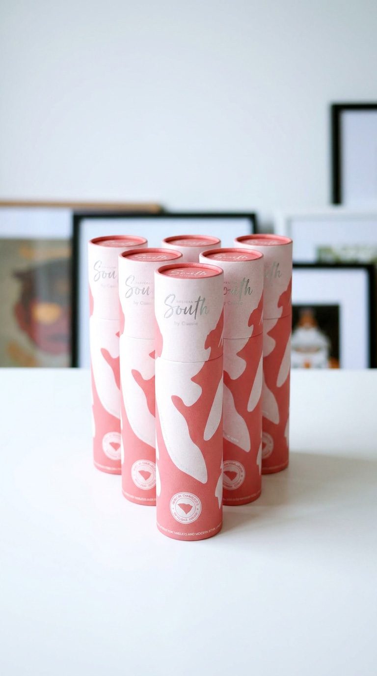 A group of pink Design South branded shipping tubes standing on a white table in front of framed art.