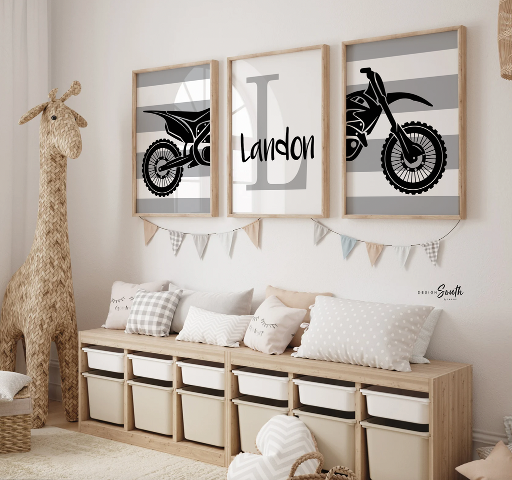 Black gray dirt bike themed room decor ideas, customized name motocross dirt bike wall art boys room, dirt bike theme bedroom playroom nursery, boys gift