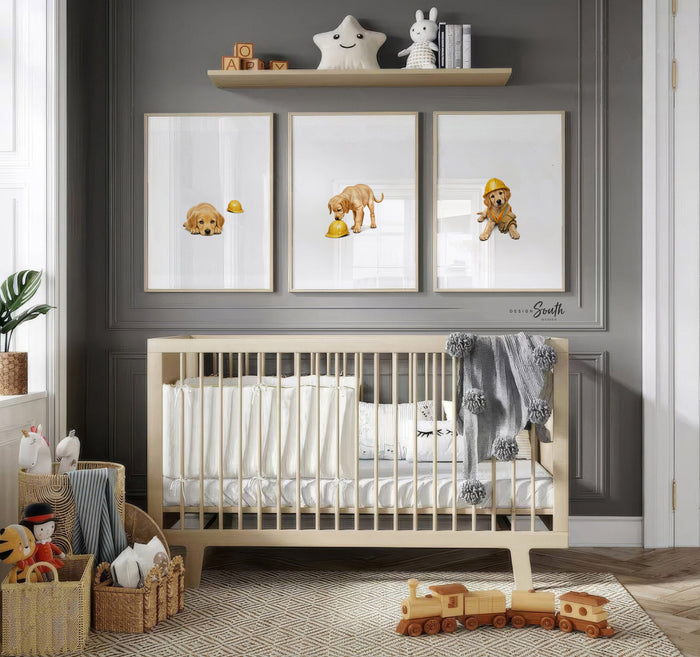 Golden Retriever Construction Nursery Wall Art Set of 3, Puppy Prints with Yellow Hard Hats Safety Vests, Builder Theme, Baby Room Gift