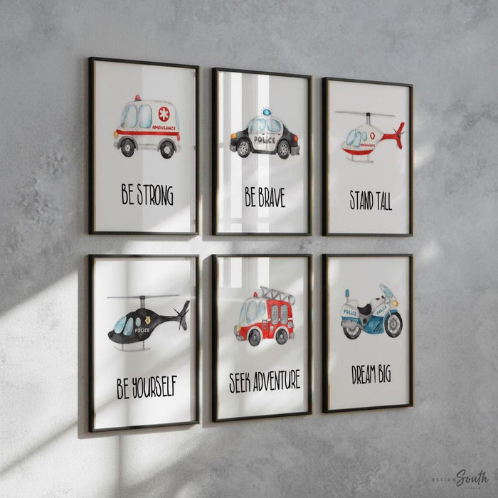 Rescue vehicle wall art, emergency vehicles nursery art, toddler room decor, big boy bedroom, transportation nursery, vehicles wall art set