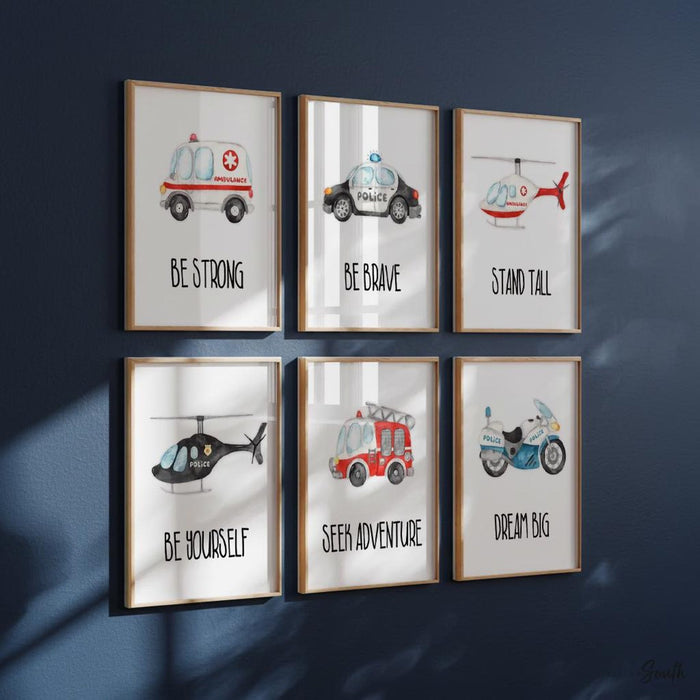 Rescue vehicle wall art, emergency vehicles nursery art, toddler room decor, big boy bedroom, transportation nursery, vehicles wall art set