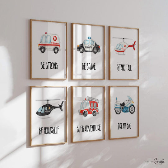 Rescue vehicle wall art, emergency vehicles nursery art, toddler room decor, big boy bedroom, transportation nursery, vehicles wall art set