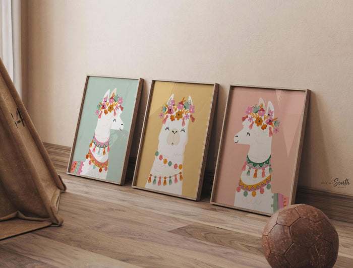 Neutral nursery muted boho colors baby room, elegant neutral girl's wall art, modern boho baby decor llama, nursery alpaca llama theme child