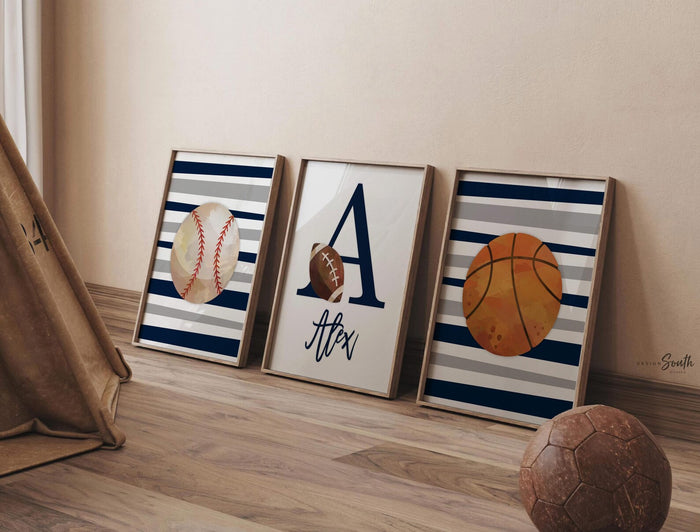 Blue sports art, sports wall prints customized kids name, nursery decor sports theme, set of three above crib sports, boy bedroom sports art