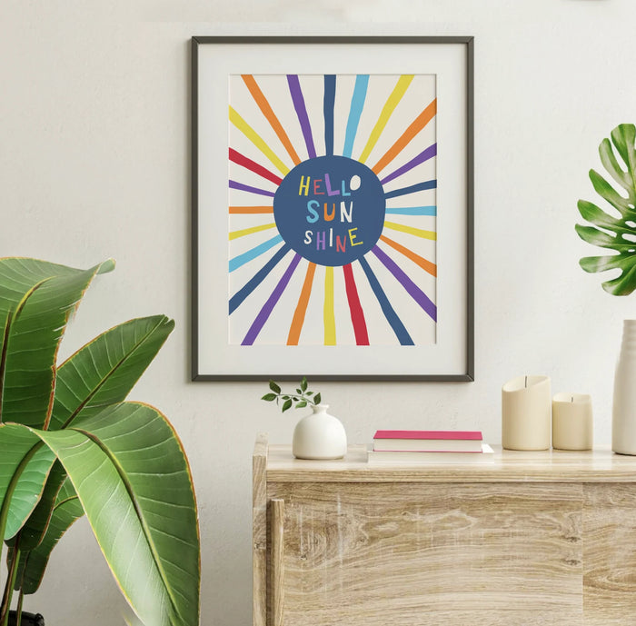 Sunshine nursery wall art, hello sunshine sun rays clouds, rainbow primary colors, girl boy playroom room wall art, unisex themes room idea