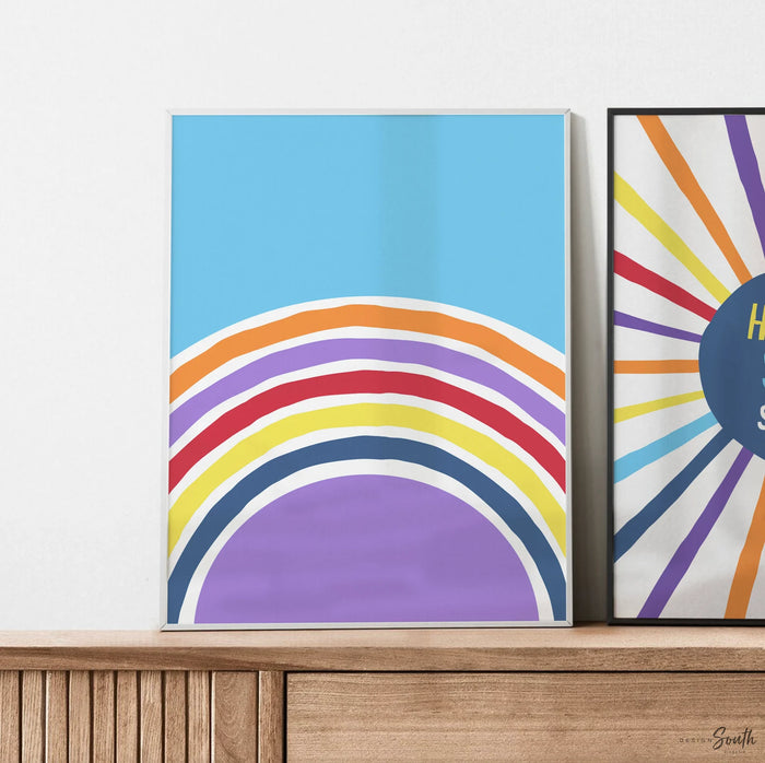 Sunshine nursery wall art, hello sunshine sun rays clouds, rainbow primary colors, girl boy playroom room wall art, unisex themes room idea