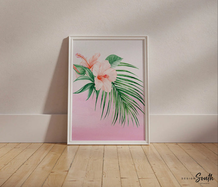 Pink and coral tropical nursery, baby girl tropical flowers nursery, coral and pink baby name and quote, little girl tropical playroom idea