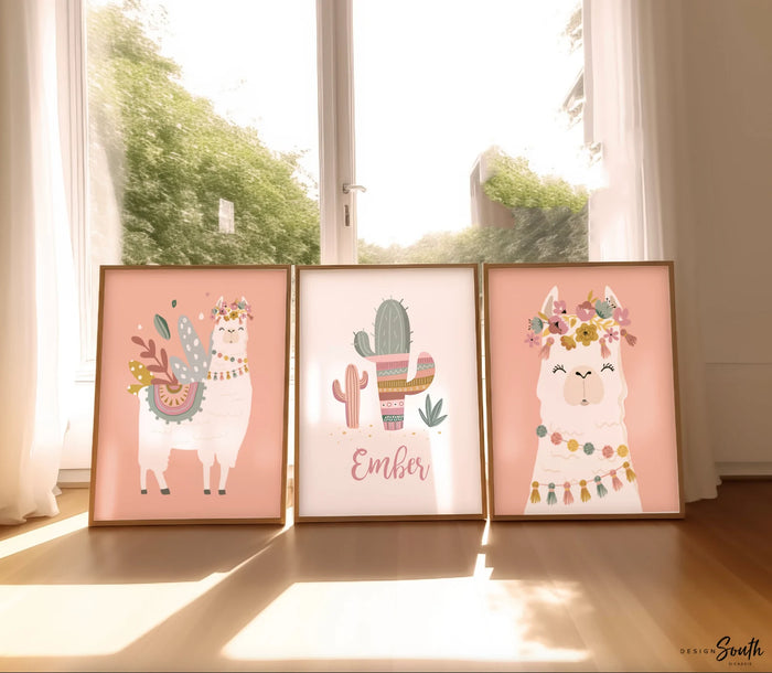 Boho nursery decor, boho nursery wall art idea, print set llama mauve pink succulents, llama themed baby room, wall decor girl bedroom llama