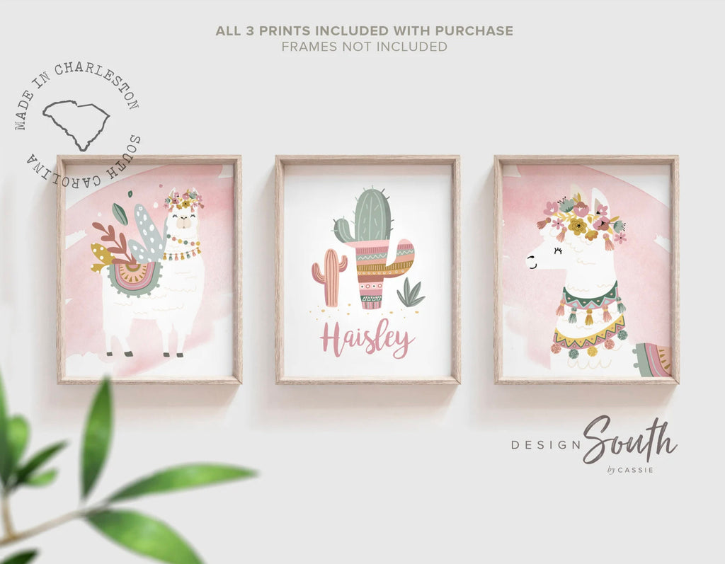 Boho nursery decor, boho nursery wall art idea, print set llama mauve pink succulents, llama themed baby room, wall decor girl bedroom llama
