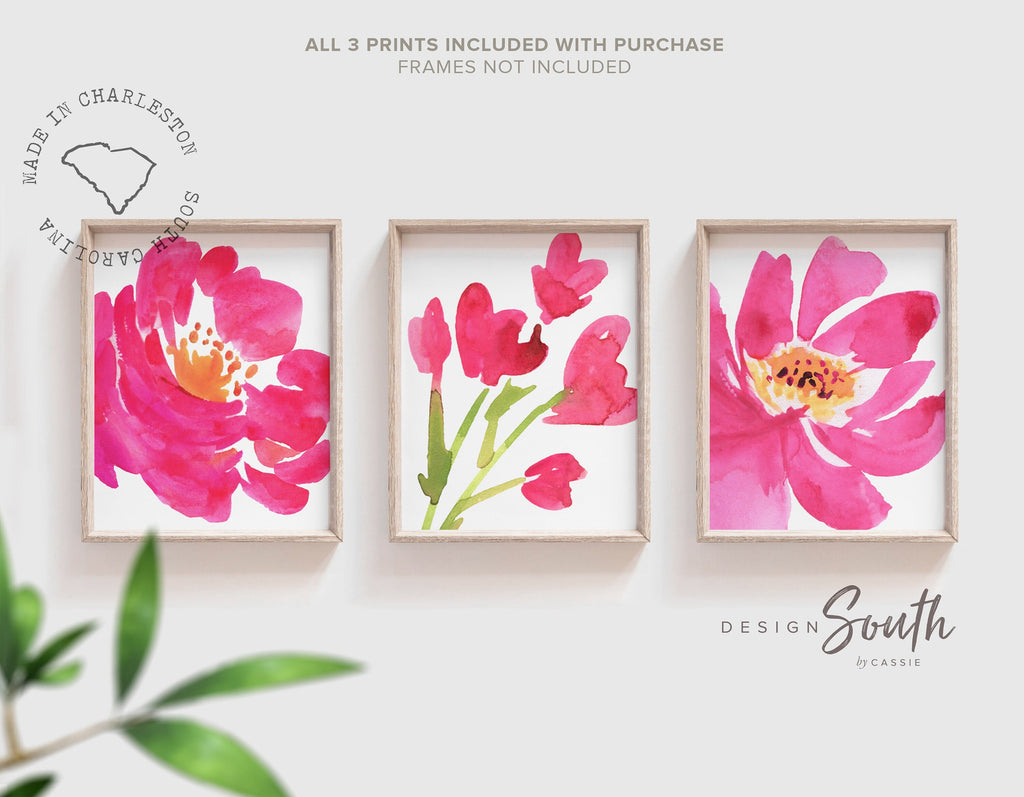 Home decor wall art, adult bathroom, guest bathroom, watercolor wall art prints, bathroom wall decor, floral bathroom, hot pink abstract art