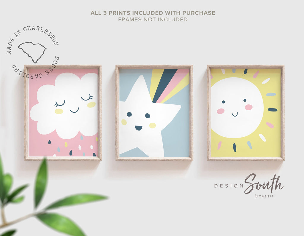 Sunshine nursery art, sunshine themed nursery decor, kids playroom wall ideas, baby shooting star art print set, pastel sun shooting star