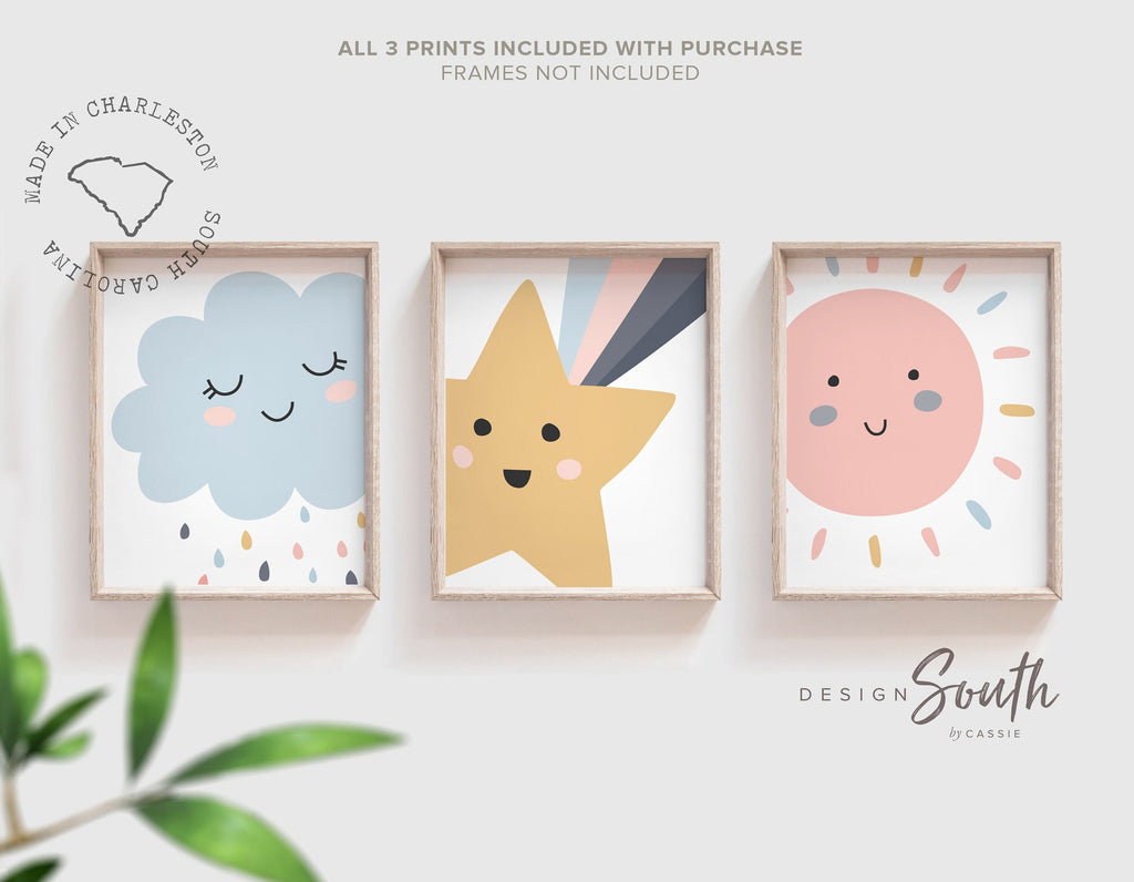 Neutral sweet baby wall art set, moon star cloud nursery theme, newborn baby room decor, gift baby shower, set of 3 nursery above crib art