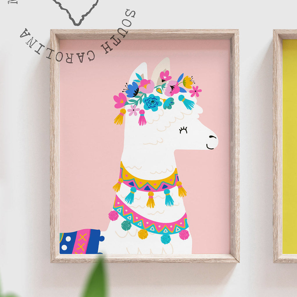 Girl's bedroom floral llama succulent theme decor, alpaca baby room decor, llama art print set, floral theme boho nursery decor llama alpaca