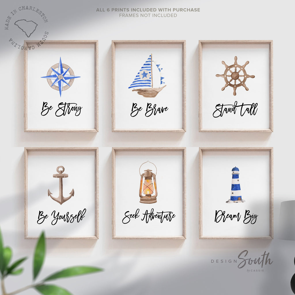 Nautical boys room art, anchor ship wheel sailboat collection nautical wall prints, nautical nursery art, ocean theme wall art, sea baby art