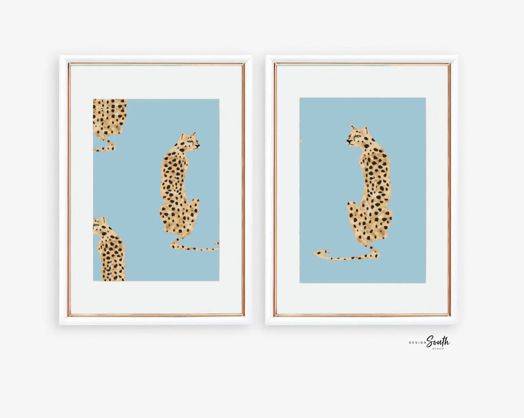 Baby blue leopard cheetah prints, blue jungle cheetah, boy safari nursery art personalized, unisex cheetah art, boho jungle blue vintage art