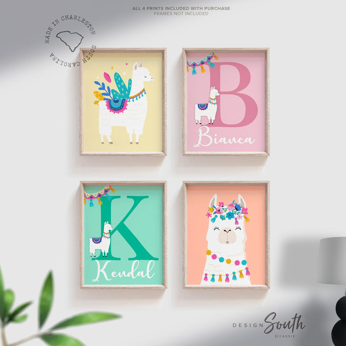 Girl twins nursery ideas, llama alpaca cactus sisters bedroom, twin girls nursery wall art print, pink coral mint, baby girl twin wall decor